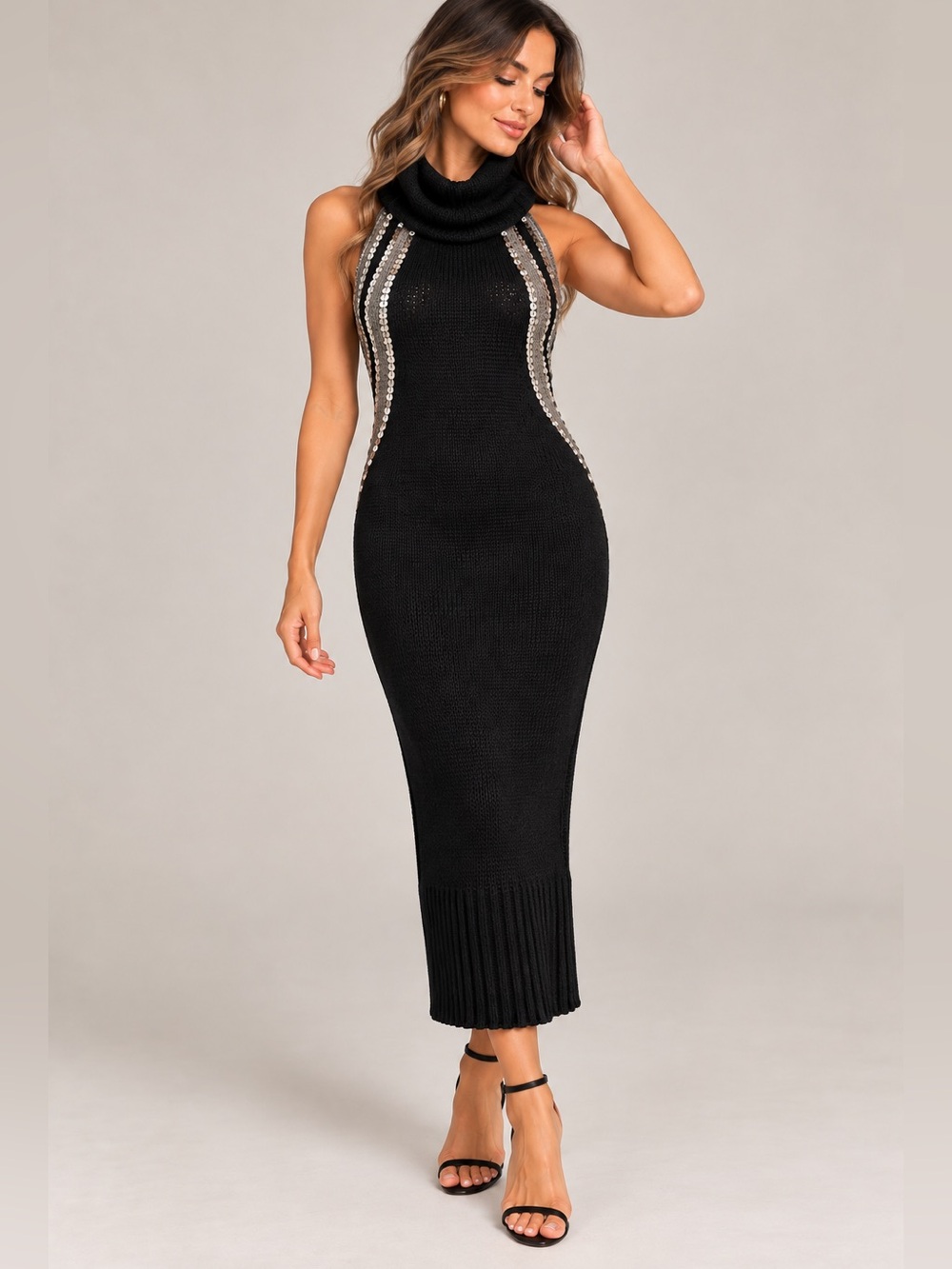 Bebe Black L Wool Blend Sequin Open Back Knit Dress Y2K McBling Glam Party Edgy